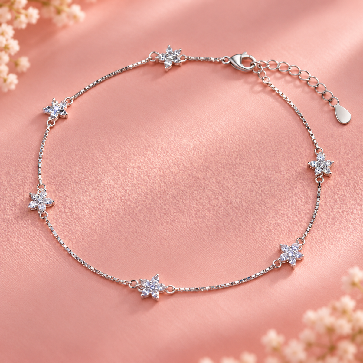 Floral Crystal 925 Sterling Silver Anklet Taravya
