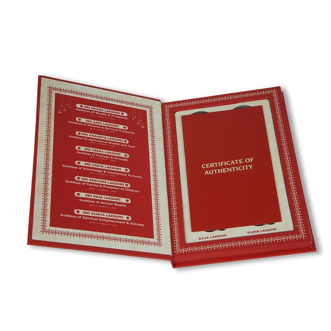 Ashtalakshmi Ji, 999 Purity Silver Coins, Folder Box, 8 Coins Taravya