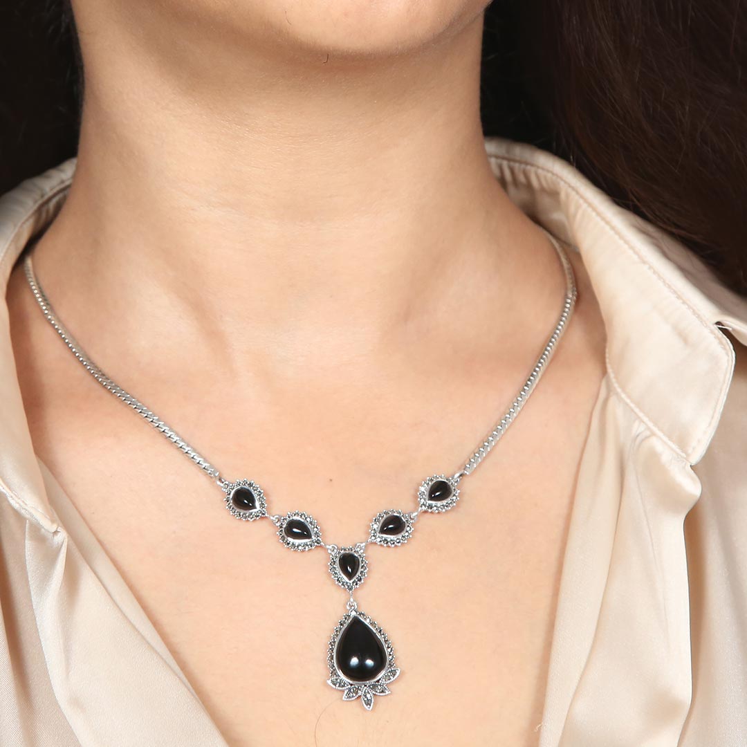 Black Stone Drop Necklace Pure 925 Silver