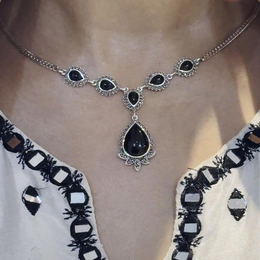 Black Stone Drop Necklace Pure 925 Silver