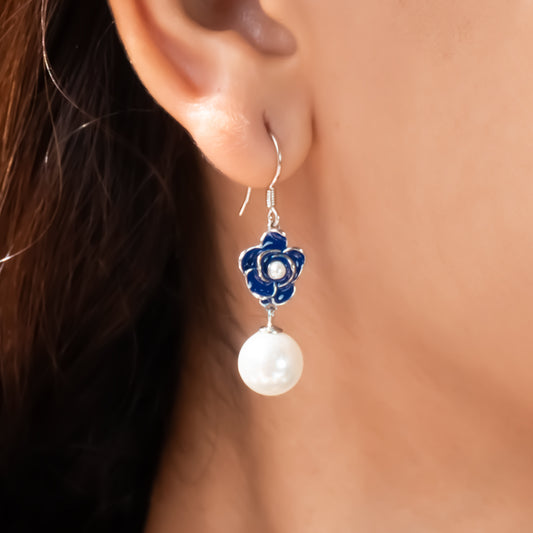 Blue Petal Pearl Drop Earrings