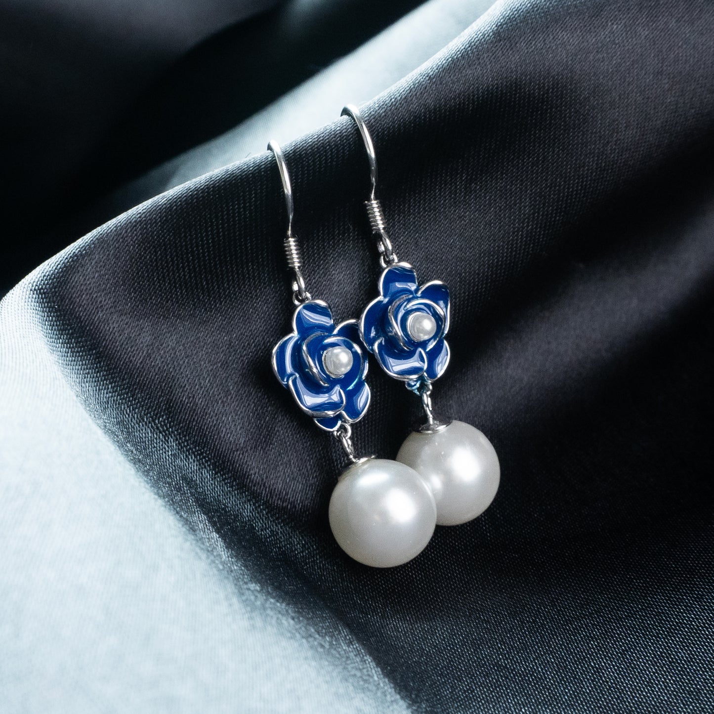 Blue Petal Pearl Drop Earrings