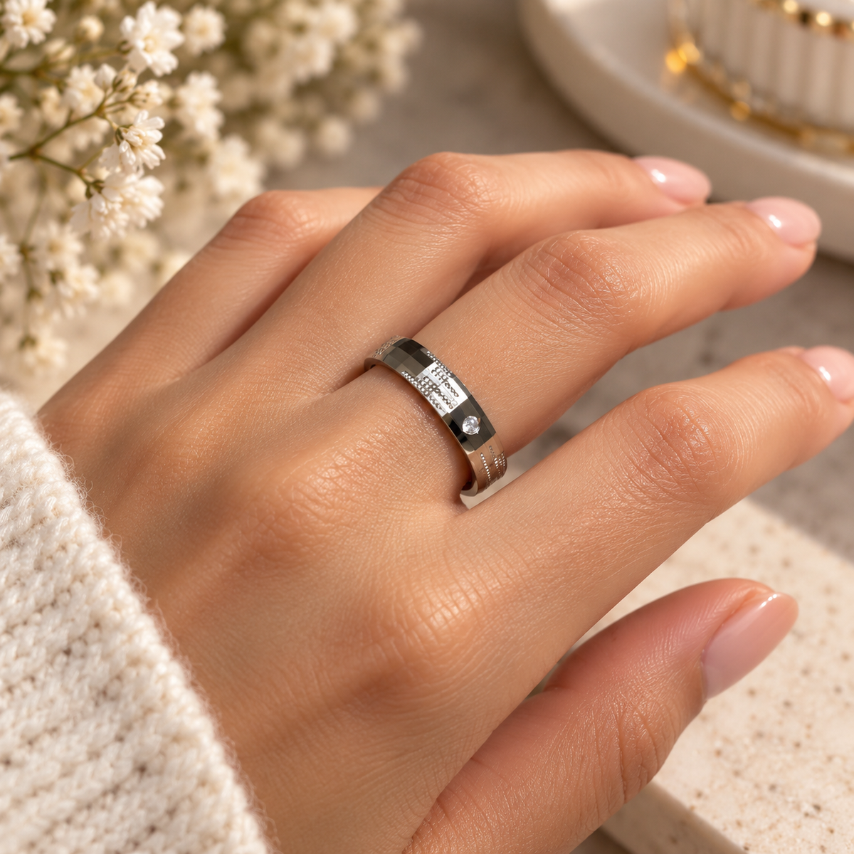 925 Silver Mosiac Couple Band Ring Taravya