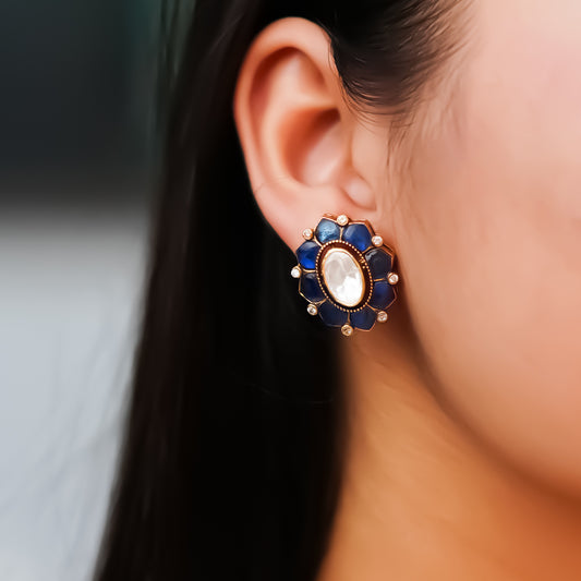 Blue Moissanite Polki Pure 925 Silver Earrings