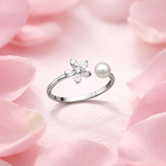 Pearl Bloom Open Silver Ring