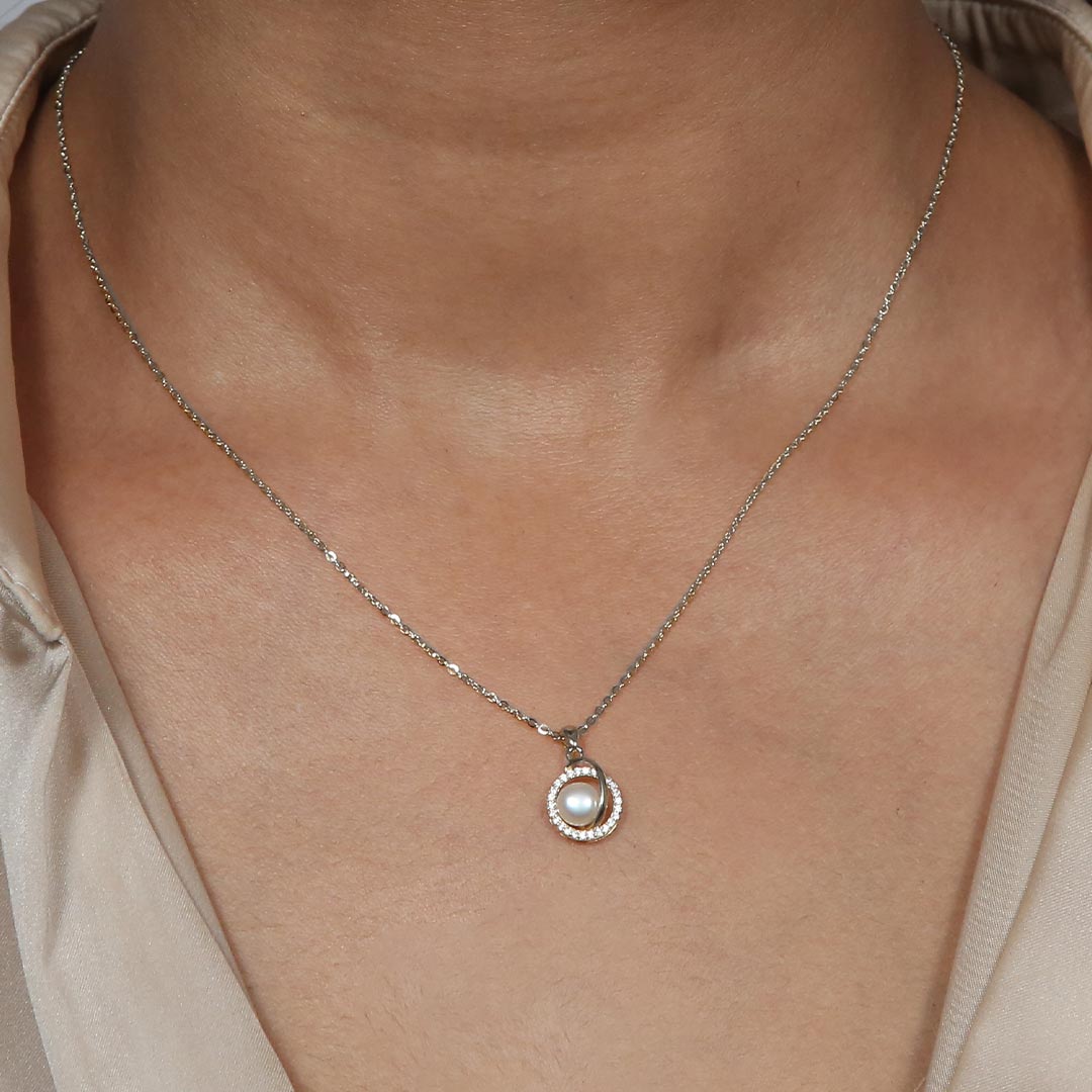 Pearl Zircons Pendant Necklace Pure 925 Silver