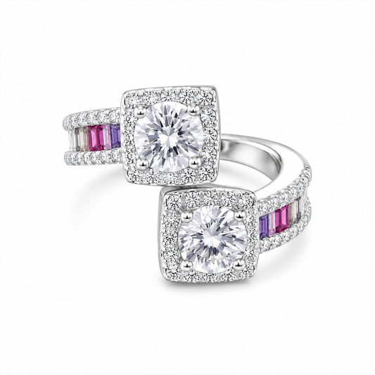 Rainbow Halo Solitaire Ring