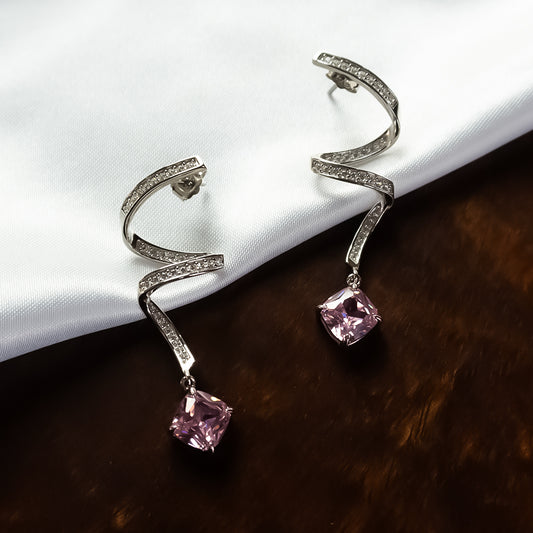 Spiral Pink Crystal Drop Pure 925 Silver Earrings