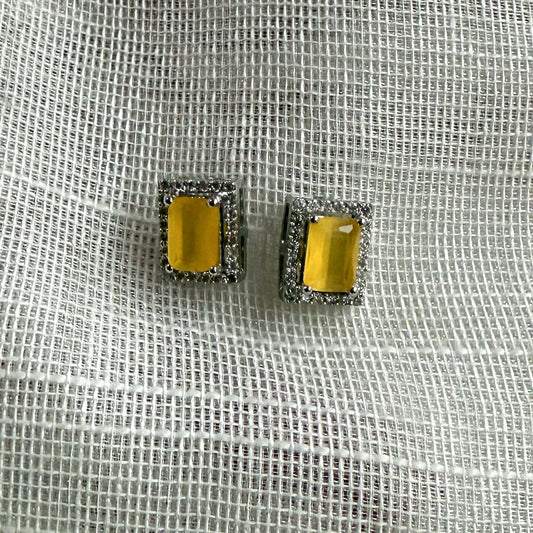 Yellow Rectangle Zircon Earrings Pure 925 Silver
