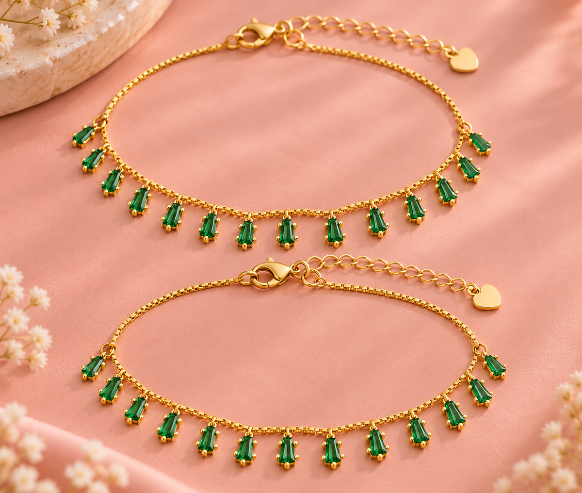 Emerald Drop 925 Sterling Silver Anklet Pair Taravya