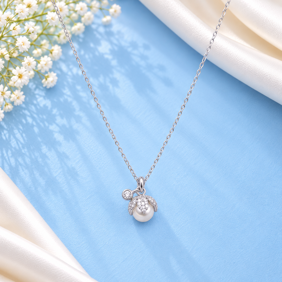 Pearl Bloom Chain Pendant Pure 925 Silver Taravya