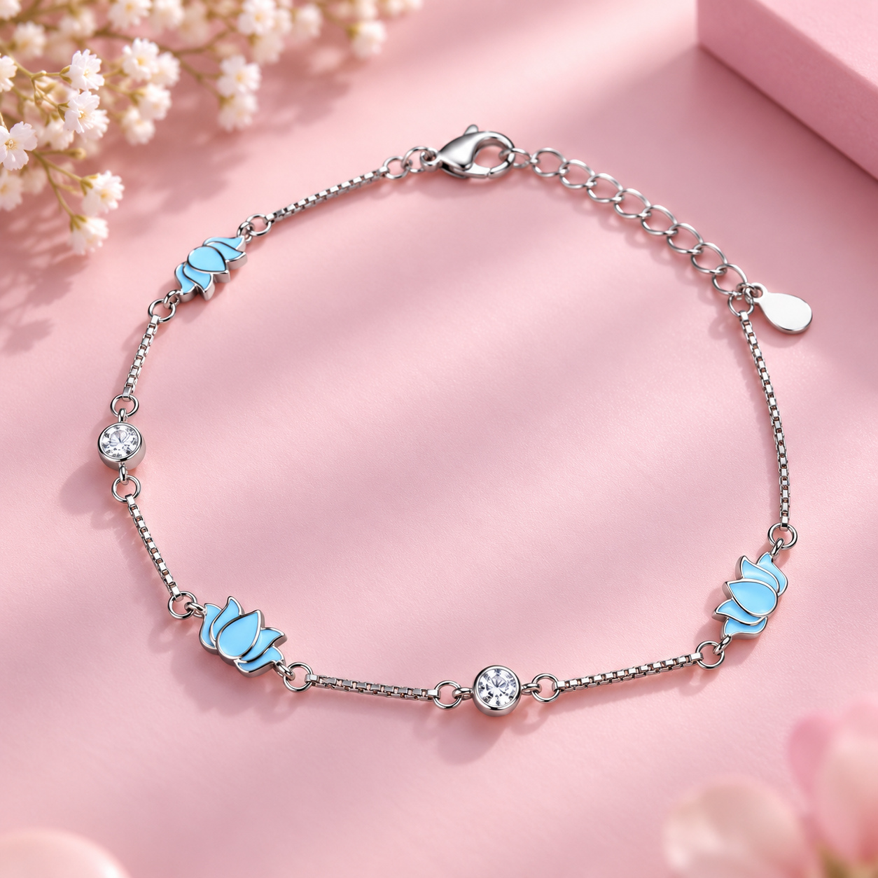 Taravya Sky Blue Floral Charm 925 Silver Bracelet