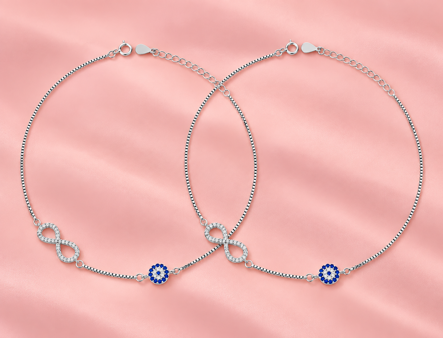 Taravya Classic Box Chain Infinity & Blue Evil Eye Anklet – 925 Sterling Silver