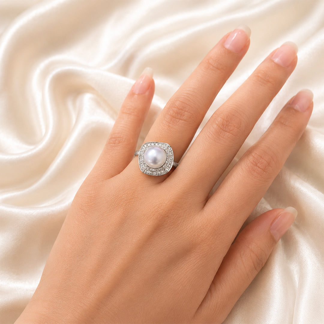 Pearl Flower Silver Adjustable Ring