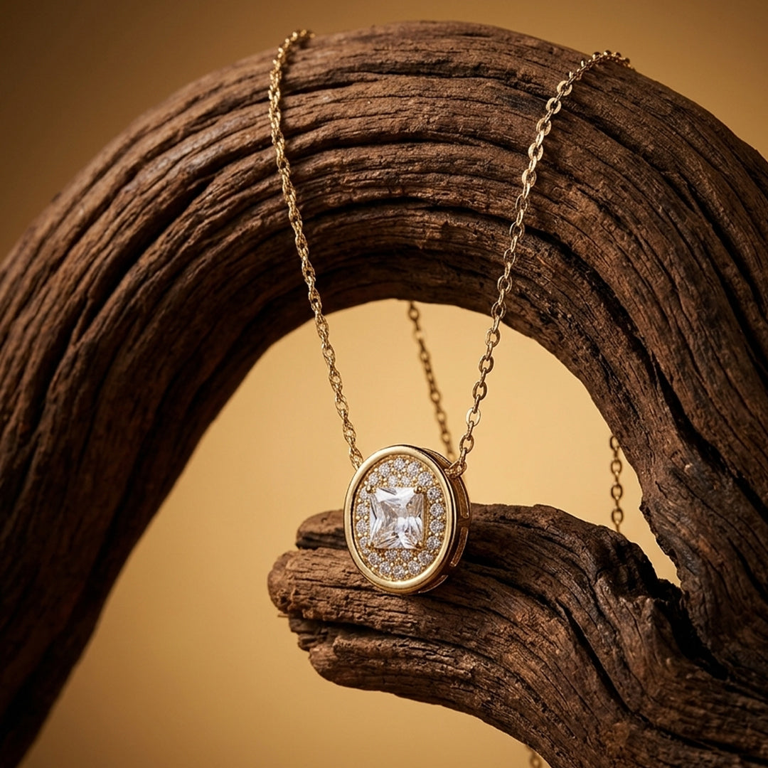Silver Solitaire Pendant Gold Plated with Link Chain