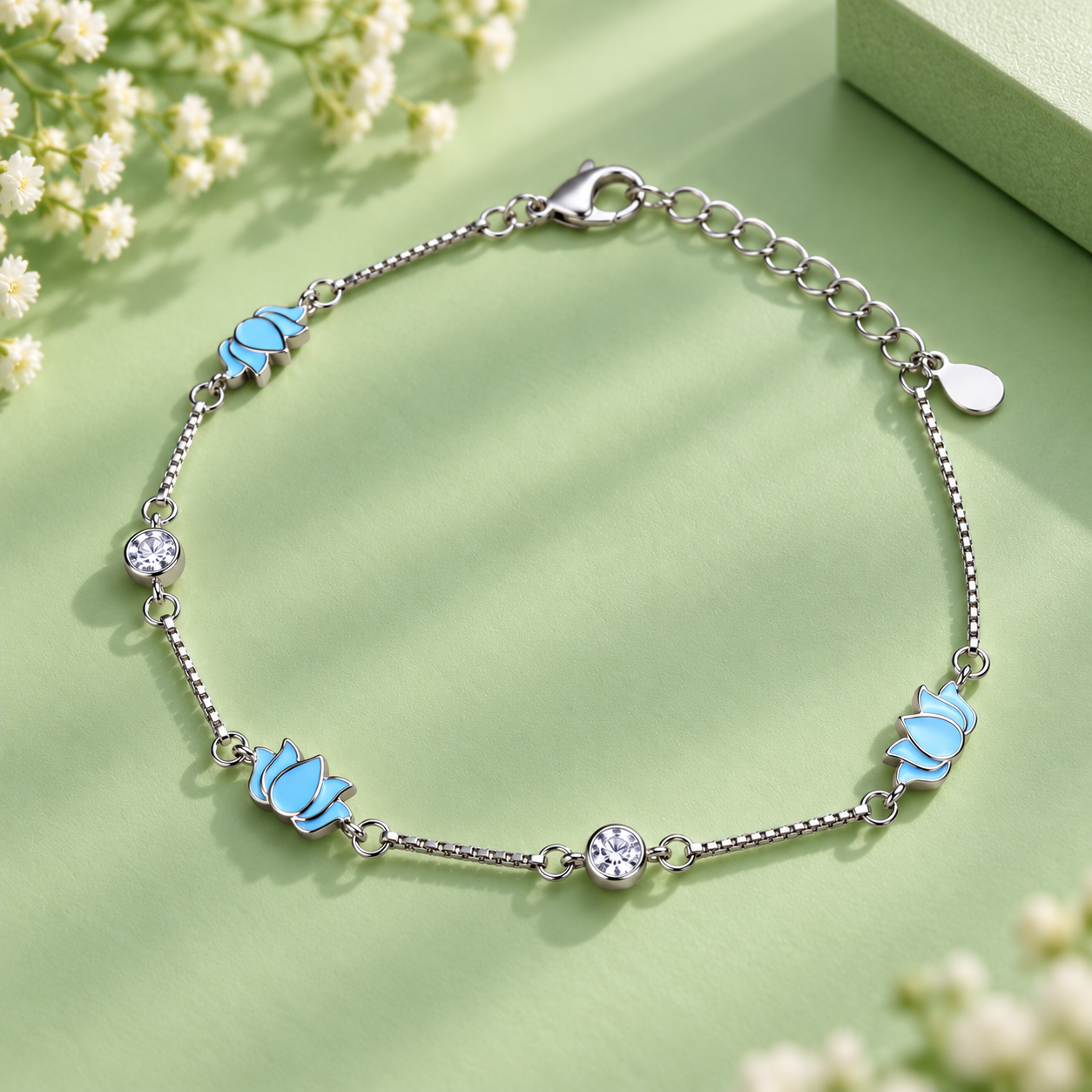 Taravya Sky Blue Floral Charm 925 Silver Bracelet
