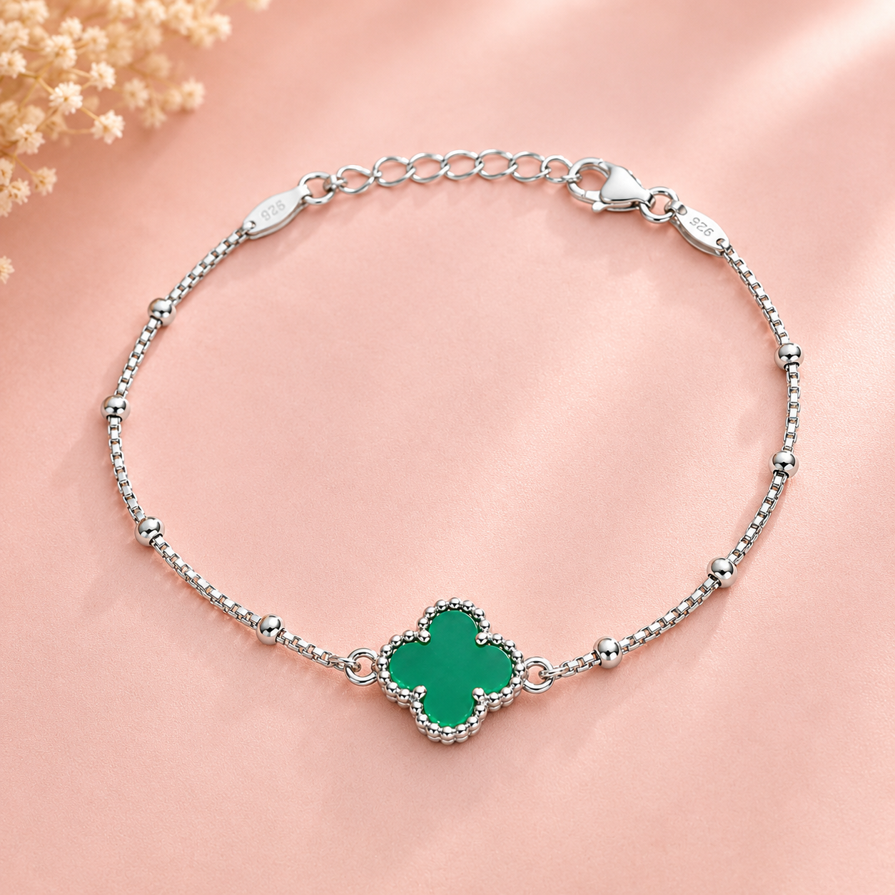 Green Clover 925 Silver Bracelet