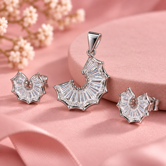 Taravya 925 Silver Radiant Fan Sparkle Pendant & Earrings Set Taravya