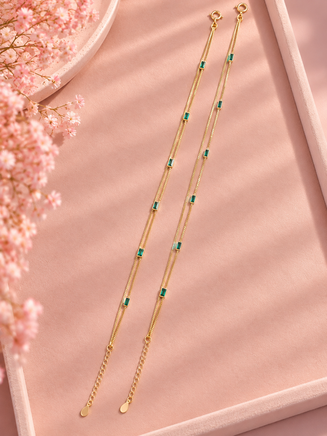 Dual Strand Gold-Tone Green Beads Anklet