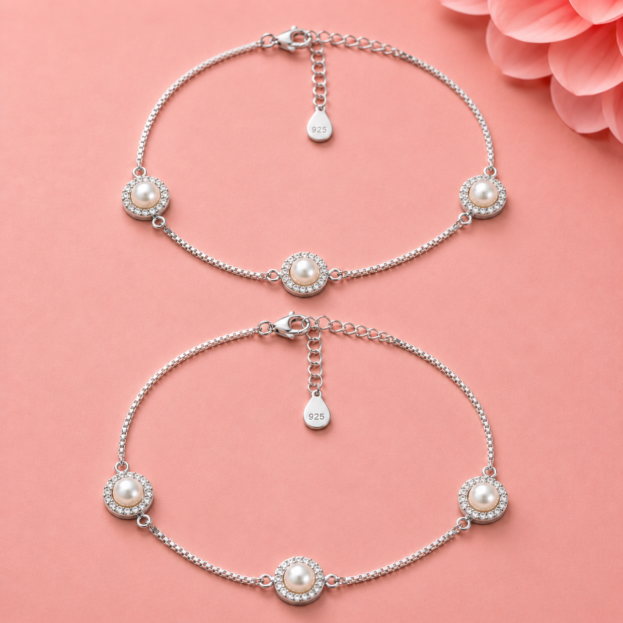 Pearl Halo 925 Silver Anklet(Single)