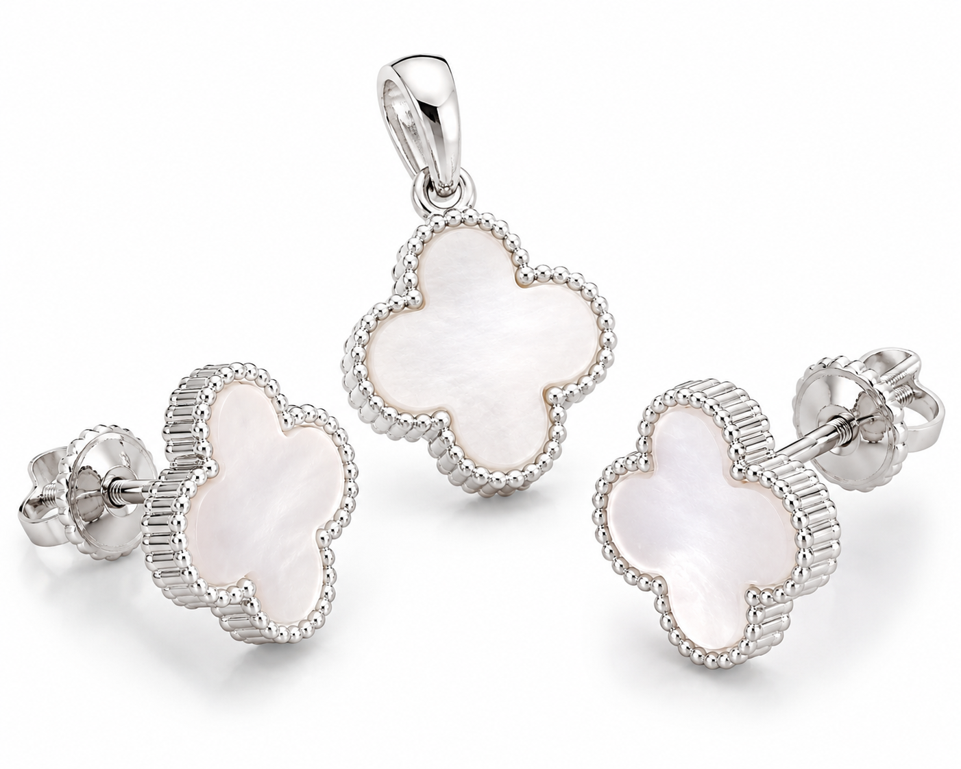Clover Shaped Pendant and Earrings White