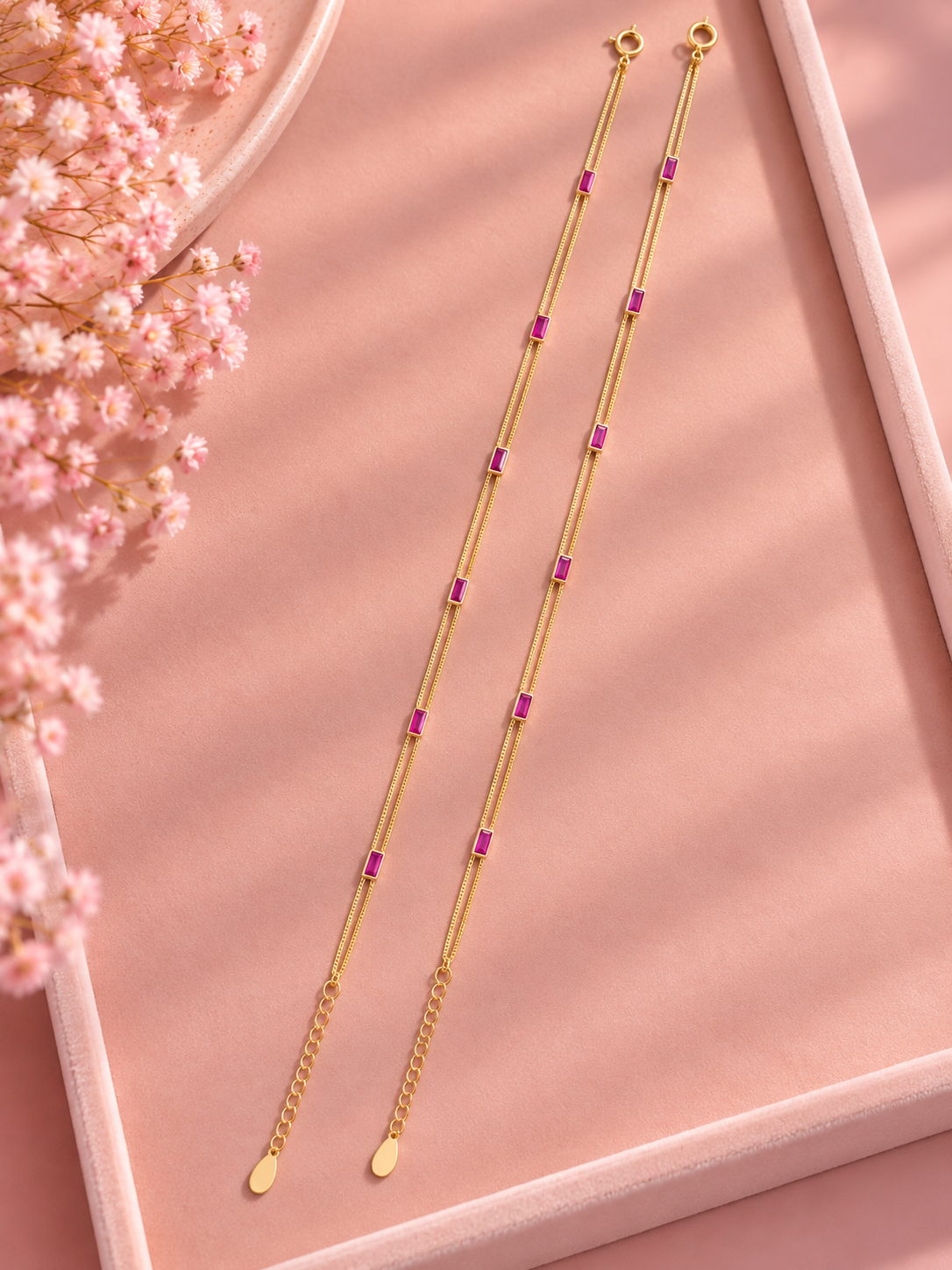 Dual Strand Gold-Tone Pink Beads Anklet