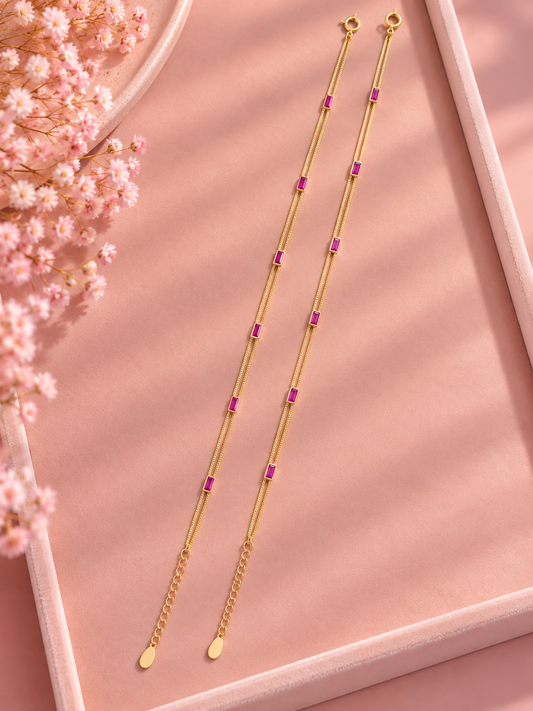 Dual Strand Gold-Tone Pink Beads Anklet