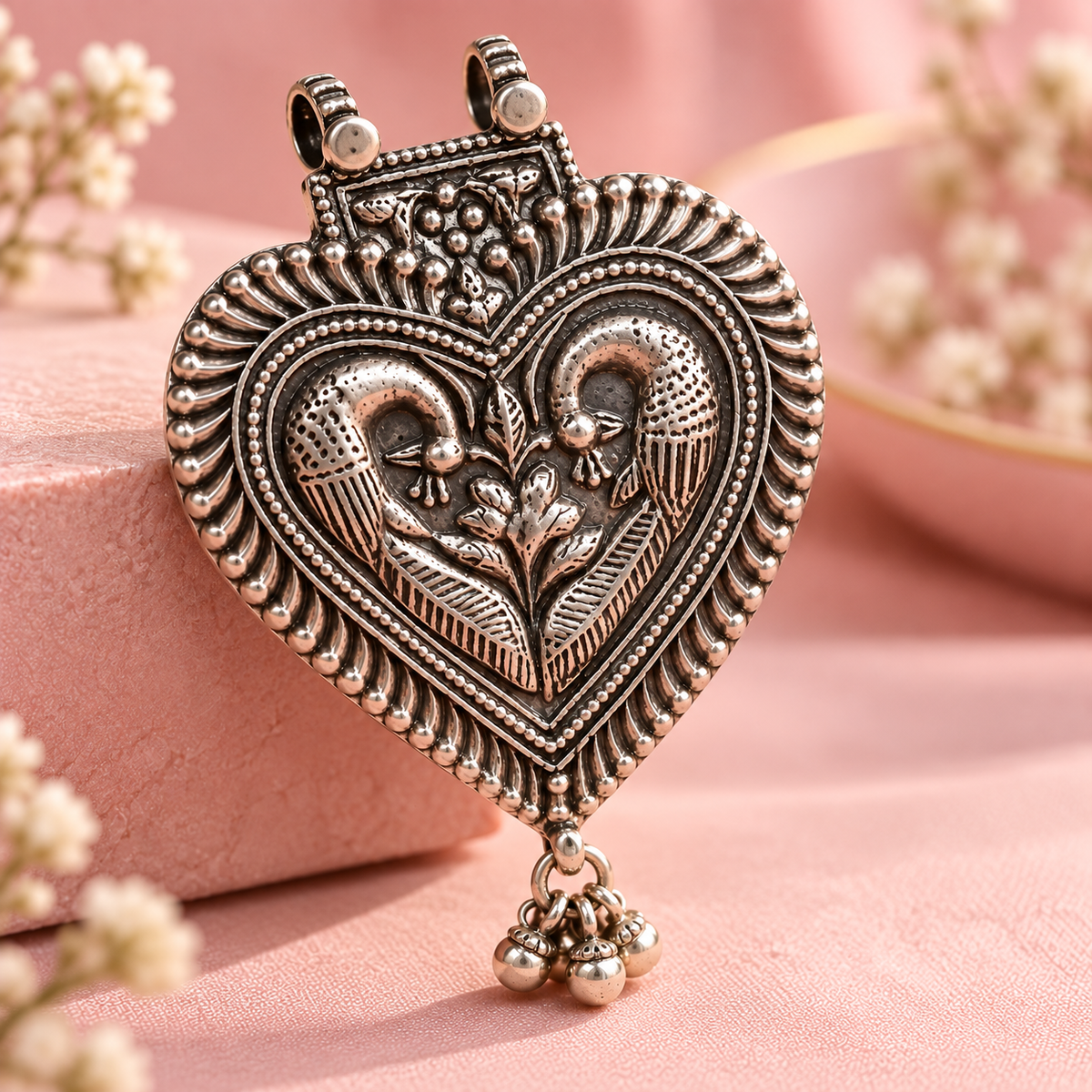 Taravya 925 Silver Heart & Love Bird Pendant Taravya