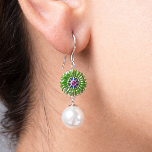 Green Petal Pearl Drop Earrings