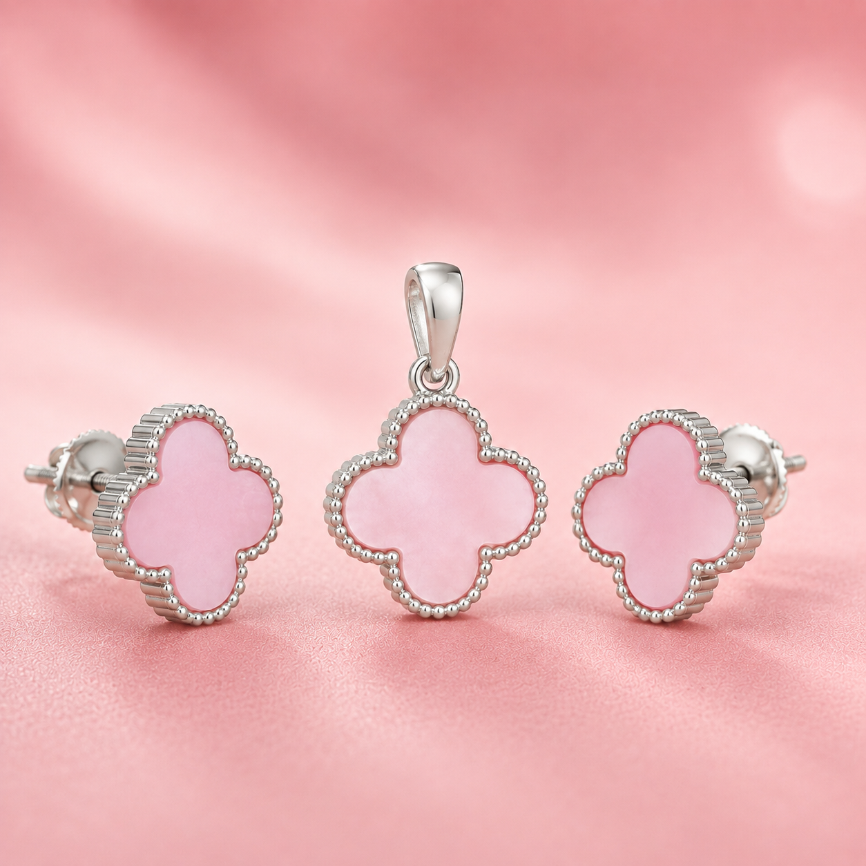 Pink Clover Pendant and Earrings