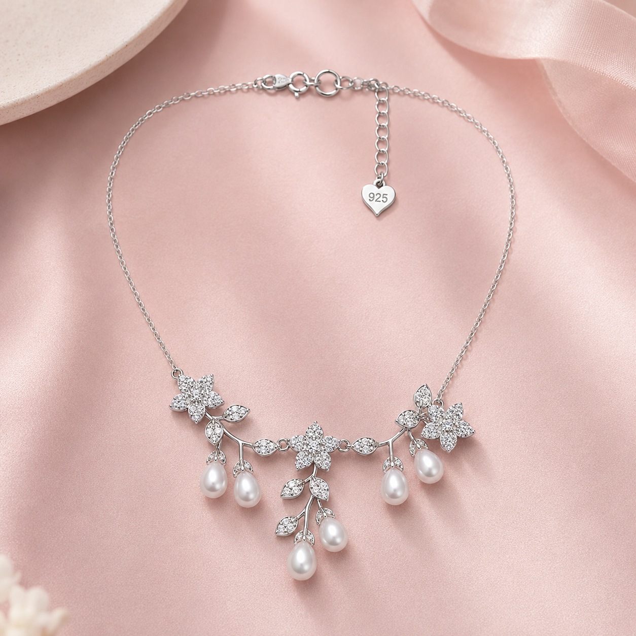 Floral Pearl Elegance 925 Silver Jewellery Set
