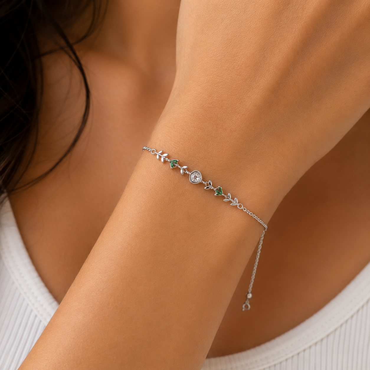 Leaf & Emerald Green Stone Silver Bracelet