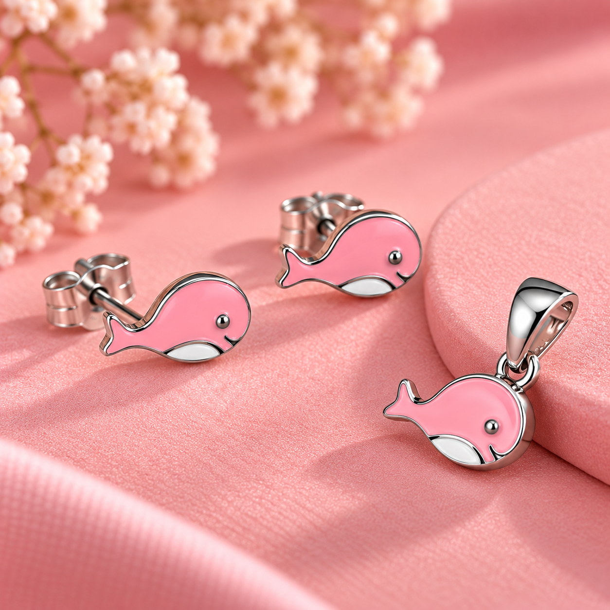 Taravya 925 Silver Pink Whale Pendant & Earrings Set