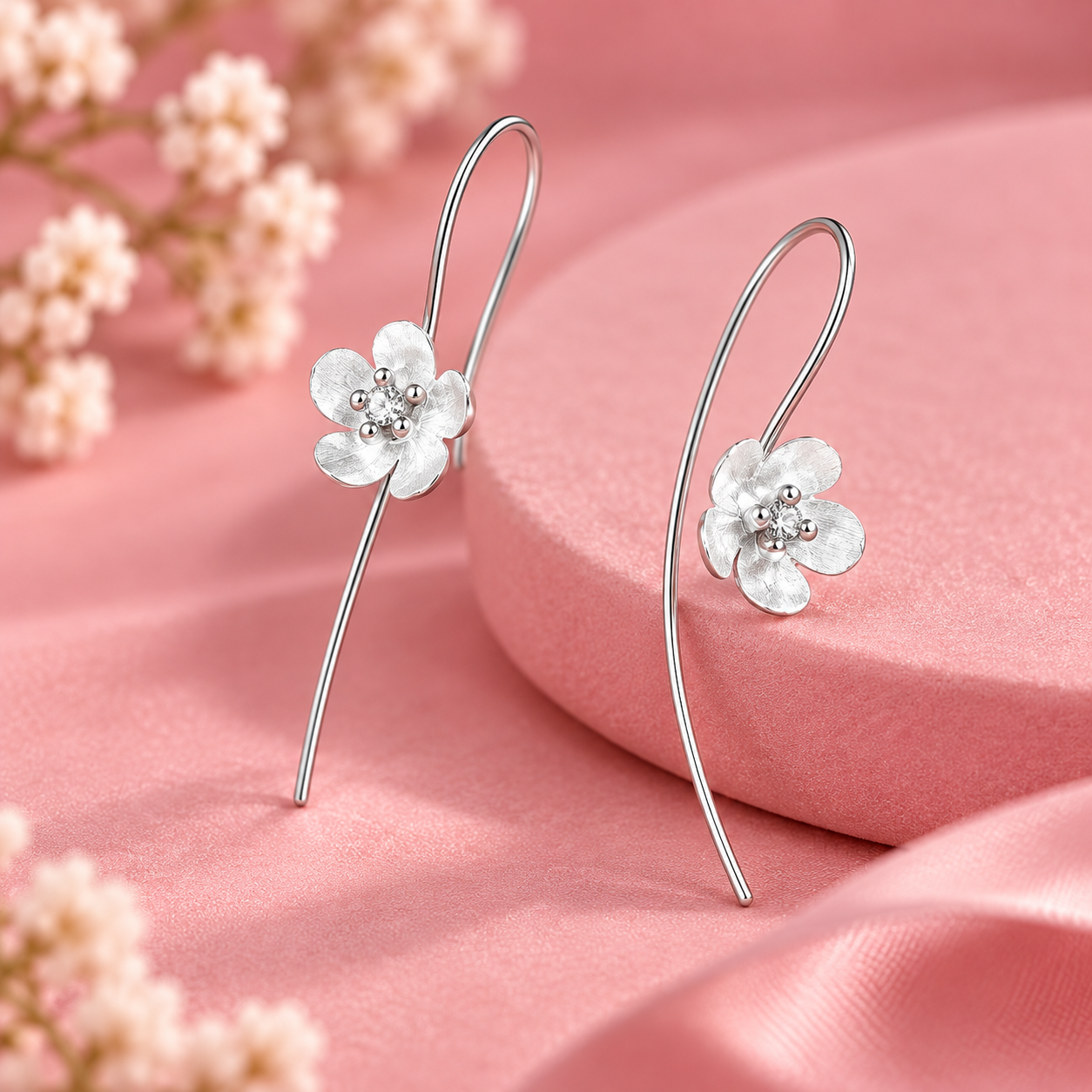 Taravya 925 Silver Blooming Flower Long Drop Earrings