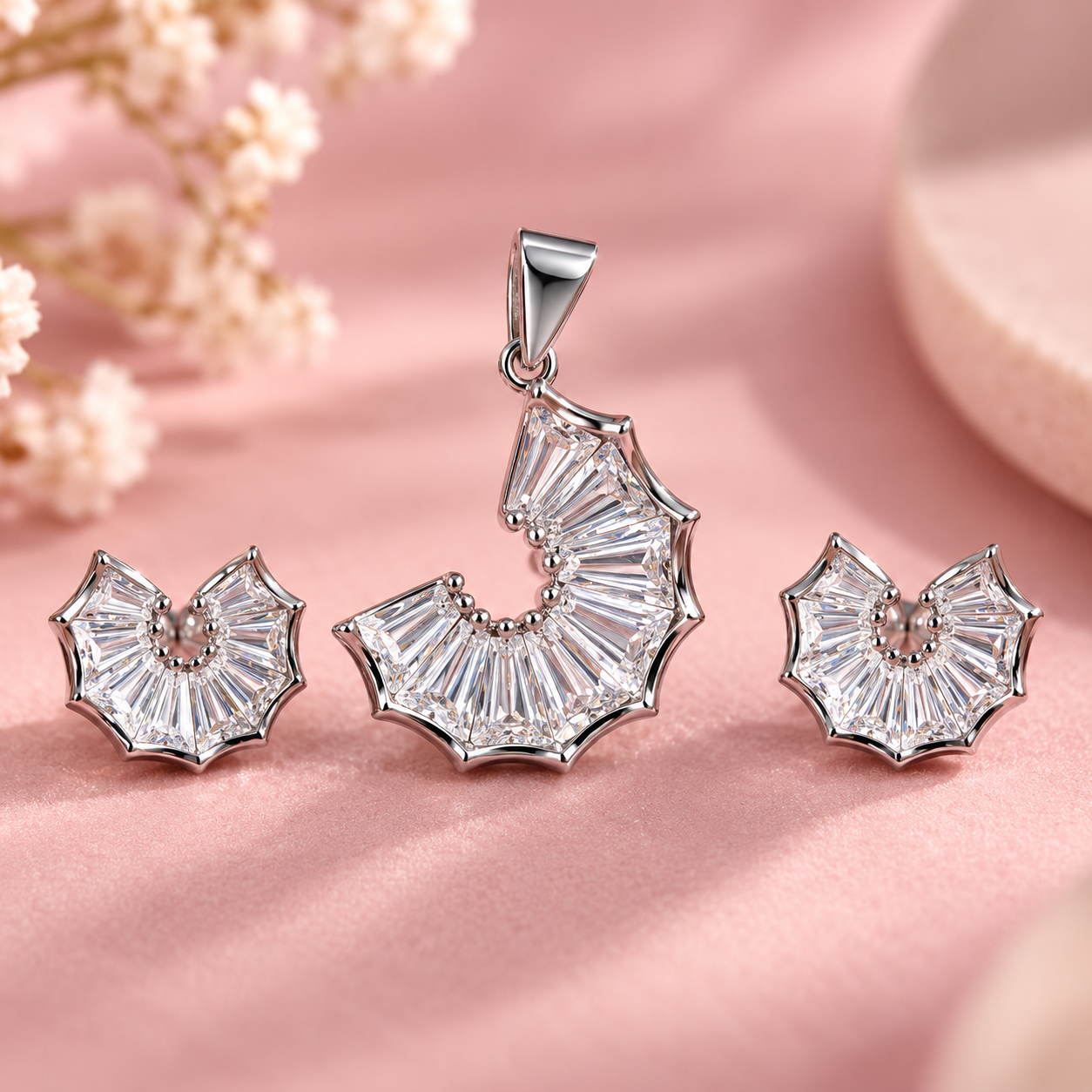 Taravya 925 Silver Radiant Fan Sparkle Pendant & Earrings Set