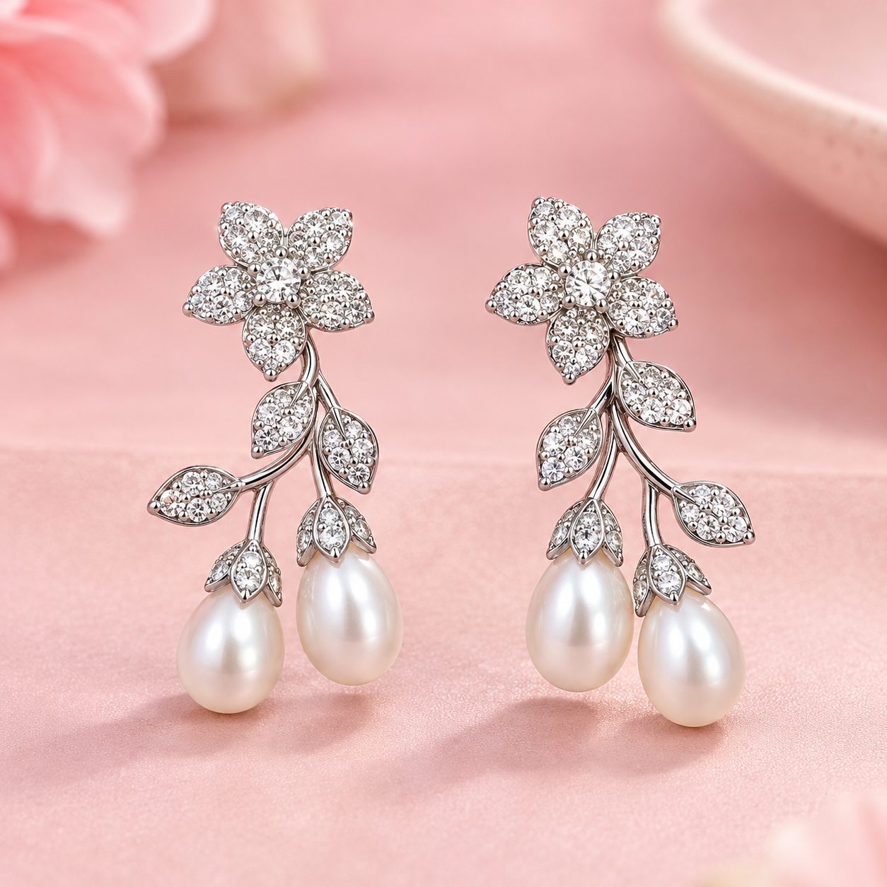 Floral Pearl Elegance 925 Silver Jewellery Set