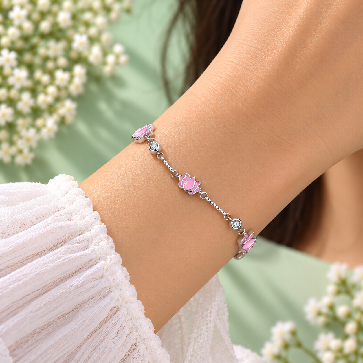 Taravya Pink Lotus 925 Silver Bracelet