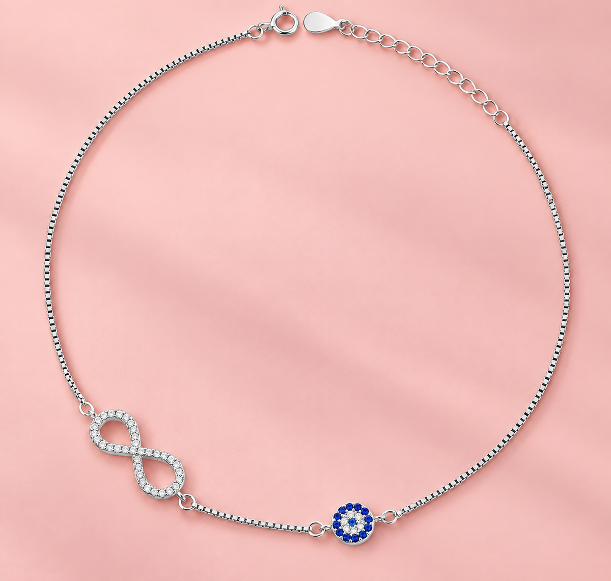 Taravya Classic Box Chain Infinity & Blue Evil Eye Anklet – 925 Sterling Silver Taravya