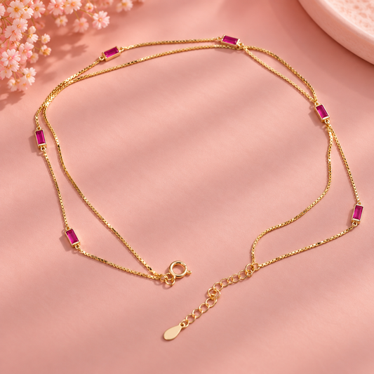 Dual Strand Gold-Tone Pink Beads Anklet