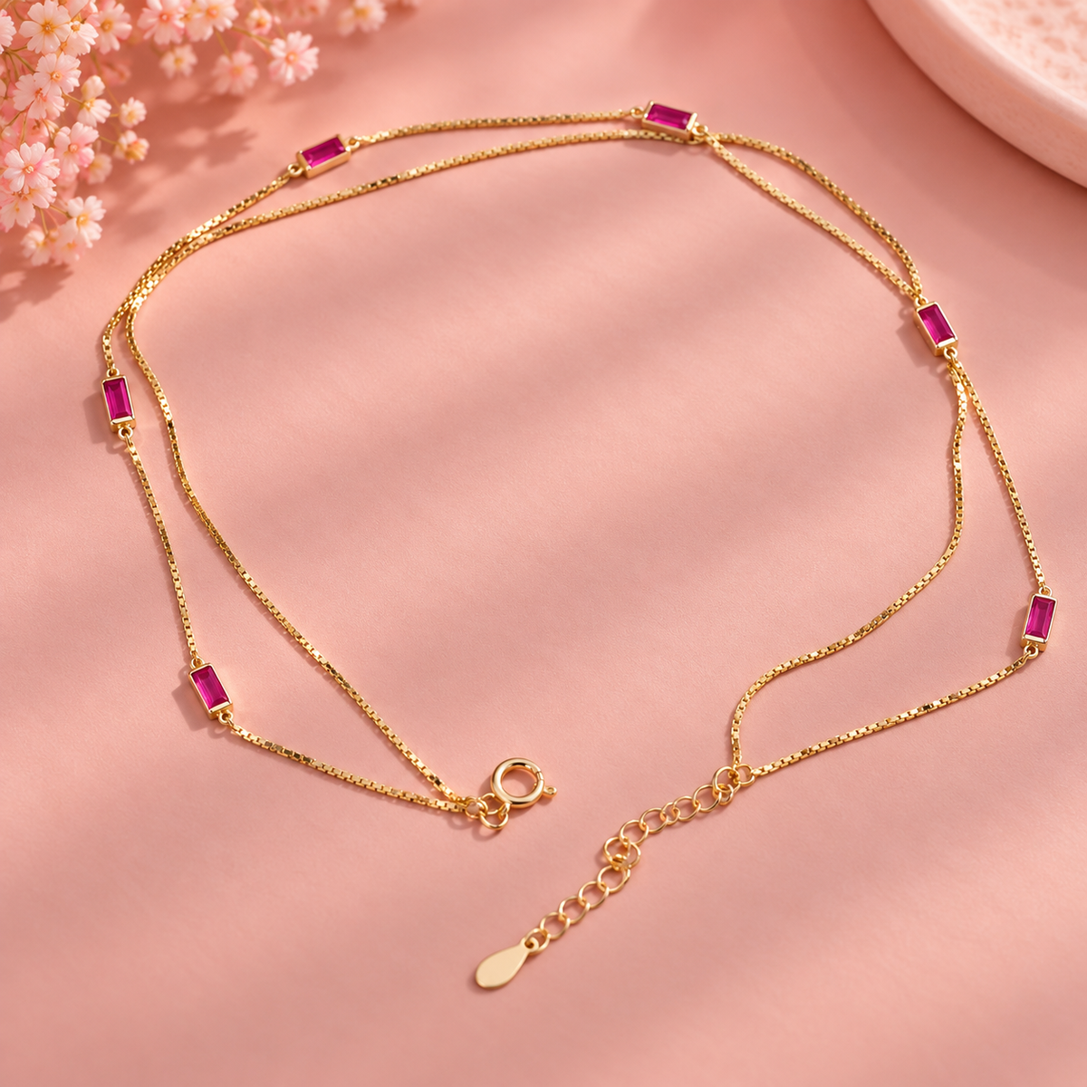 Dual Strand Gold-Tone Pink Beads Anklet
