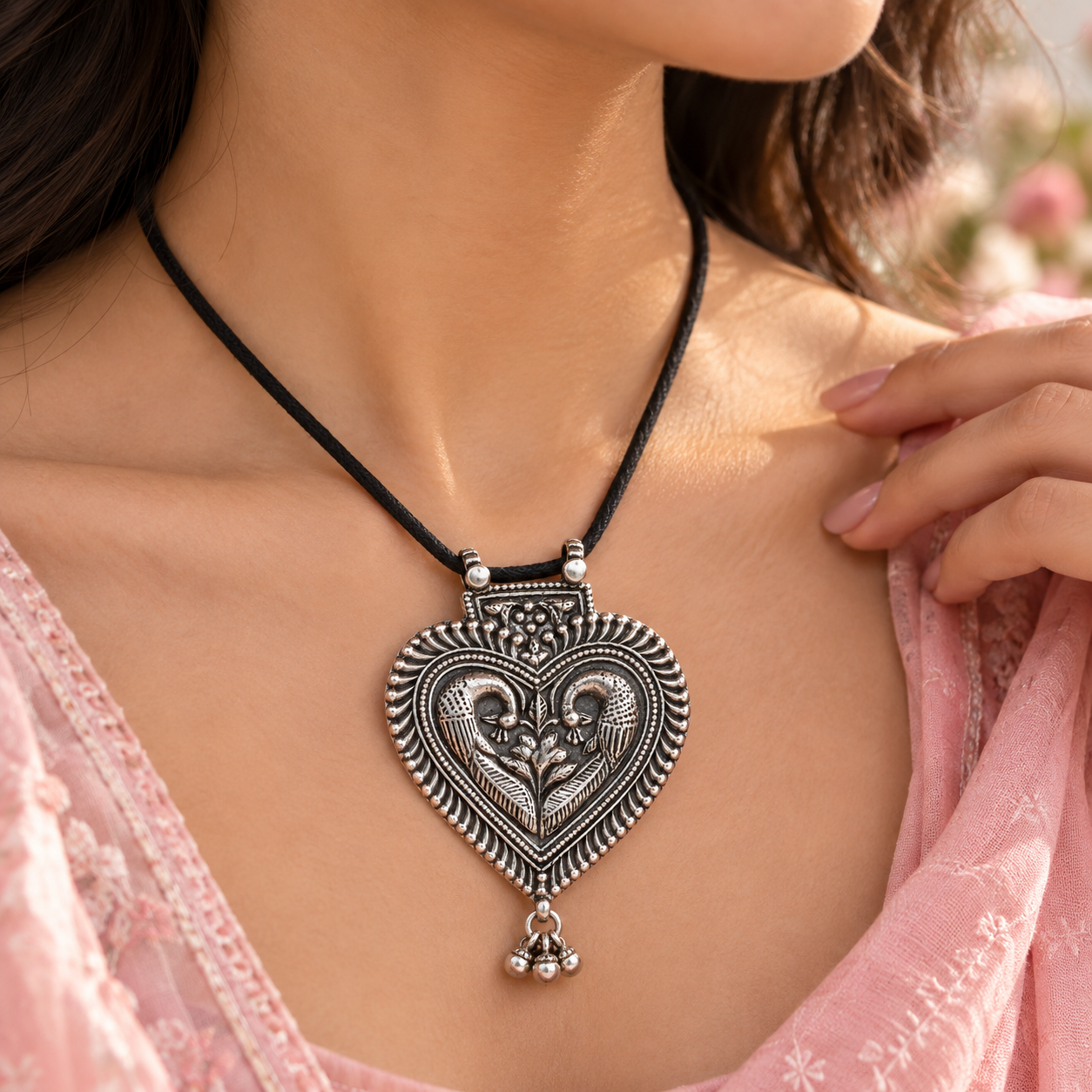 Taravya 925 Silver Heart & Love Bird Pendant