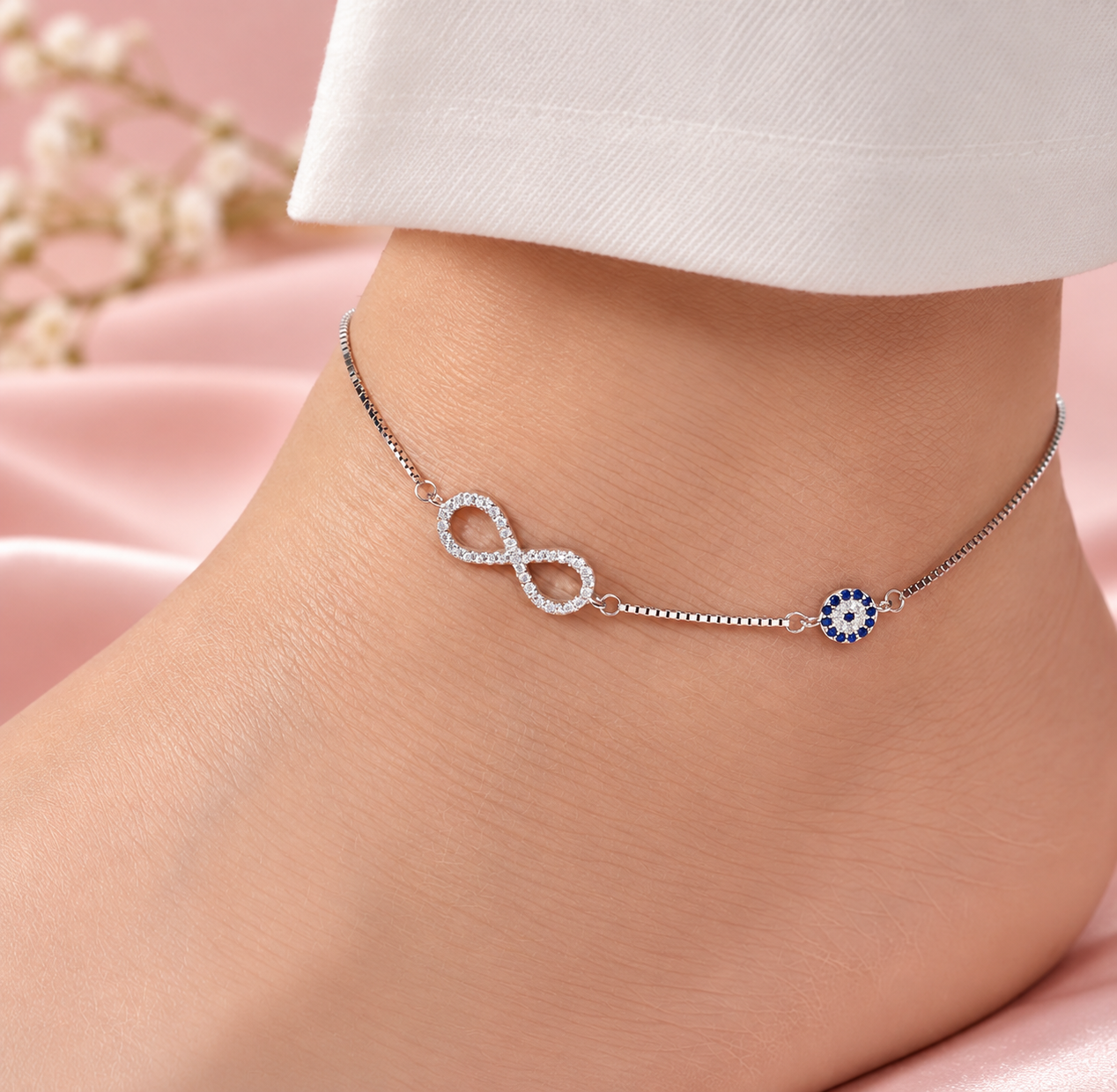 Taravya Classic Box Chain Infinity & Blue Evil Eye Anklet – 925 Sterling Silver