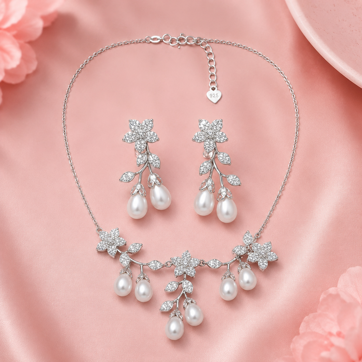 Floral Pearl Elegance 925 Silver Jewellery Set