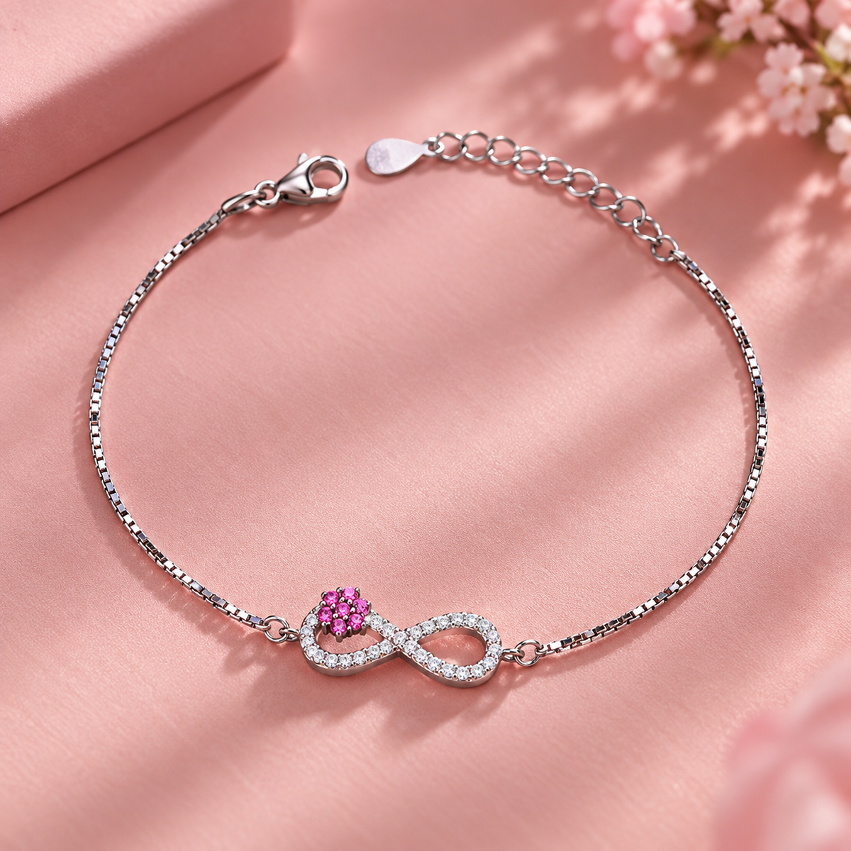 Taravya Women’s Infinity Pink Blossom Silver Bracelet