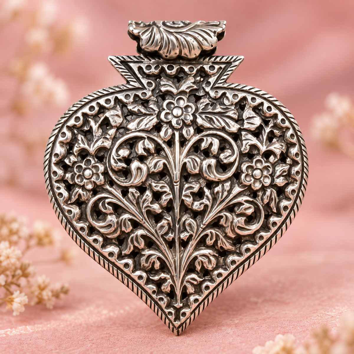 Taravya 925 Silver Floral Heart Pendant Taravya