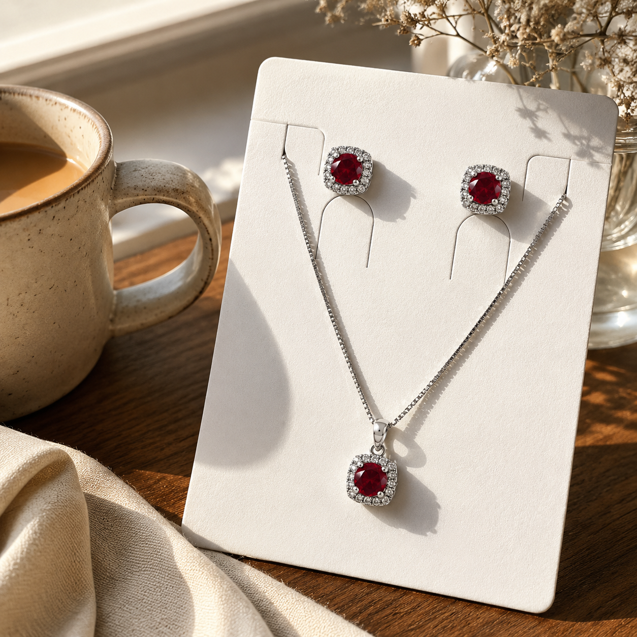 Ruby Elegance 925 Silver Necklace & Earrings Set