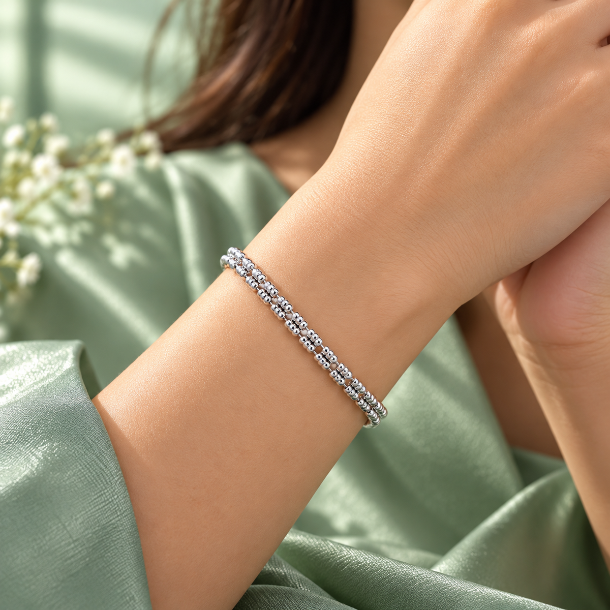 Taravya Silver Double-Row Beaded Bracelet Taravya