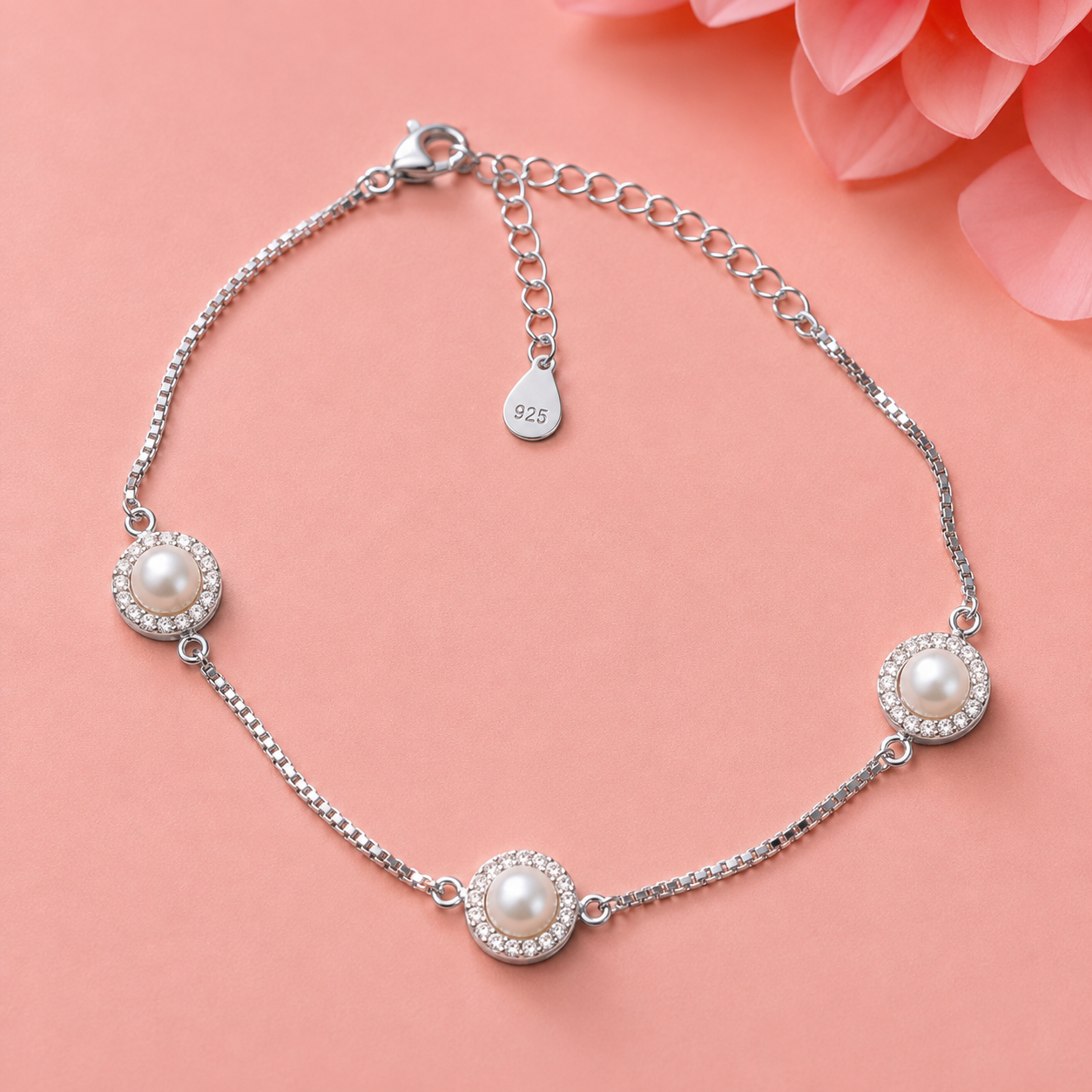 Pearl Halo 925 Silver Anklet(Single)
