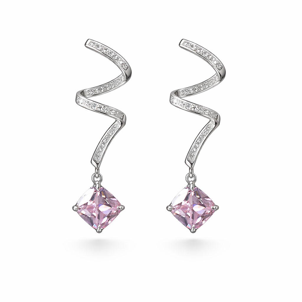 Spiral Pink Crystal Drop Pure 925 Silver Earrings