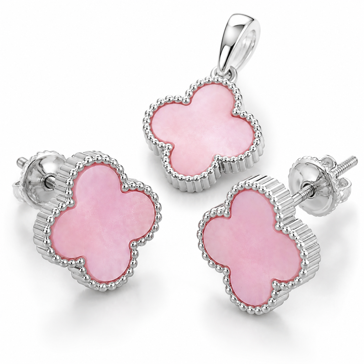 Pink Clover Pendant and Earrings